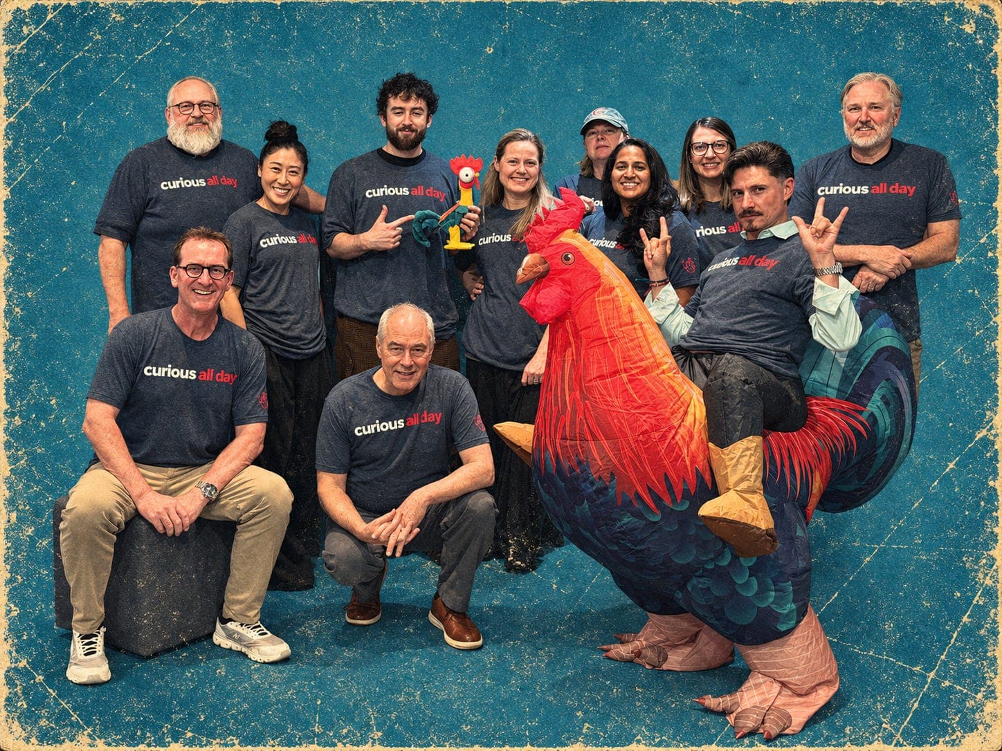 The All Day AI organizing team pictured with the event's rooster mascot
